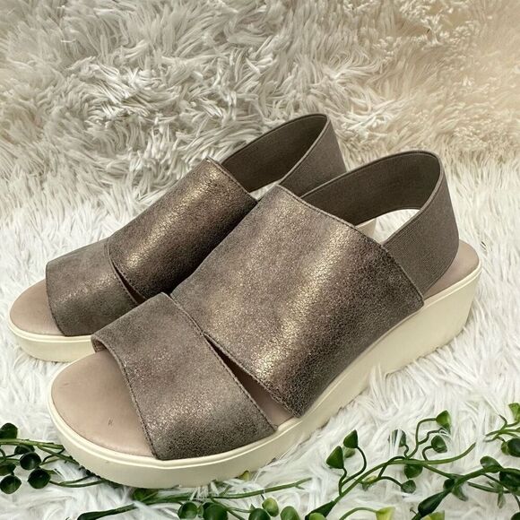 Johnston & Murphy Cassandra Sandals Metallic Pewter Leather Elastic Heel sz 8.5M - Picture 4 of 8